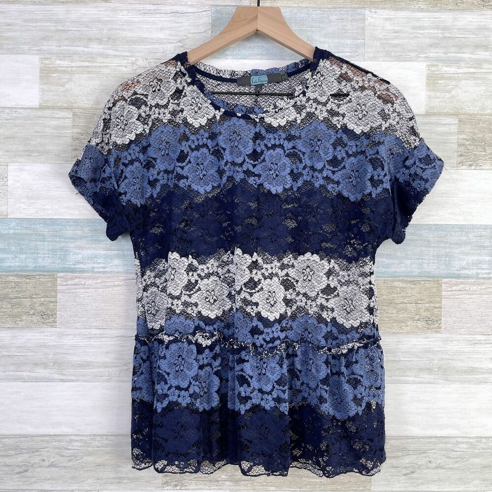 Eva Franco Floral Lace Peplum Top Blue Striped Sheer Anthropologie Womens Small